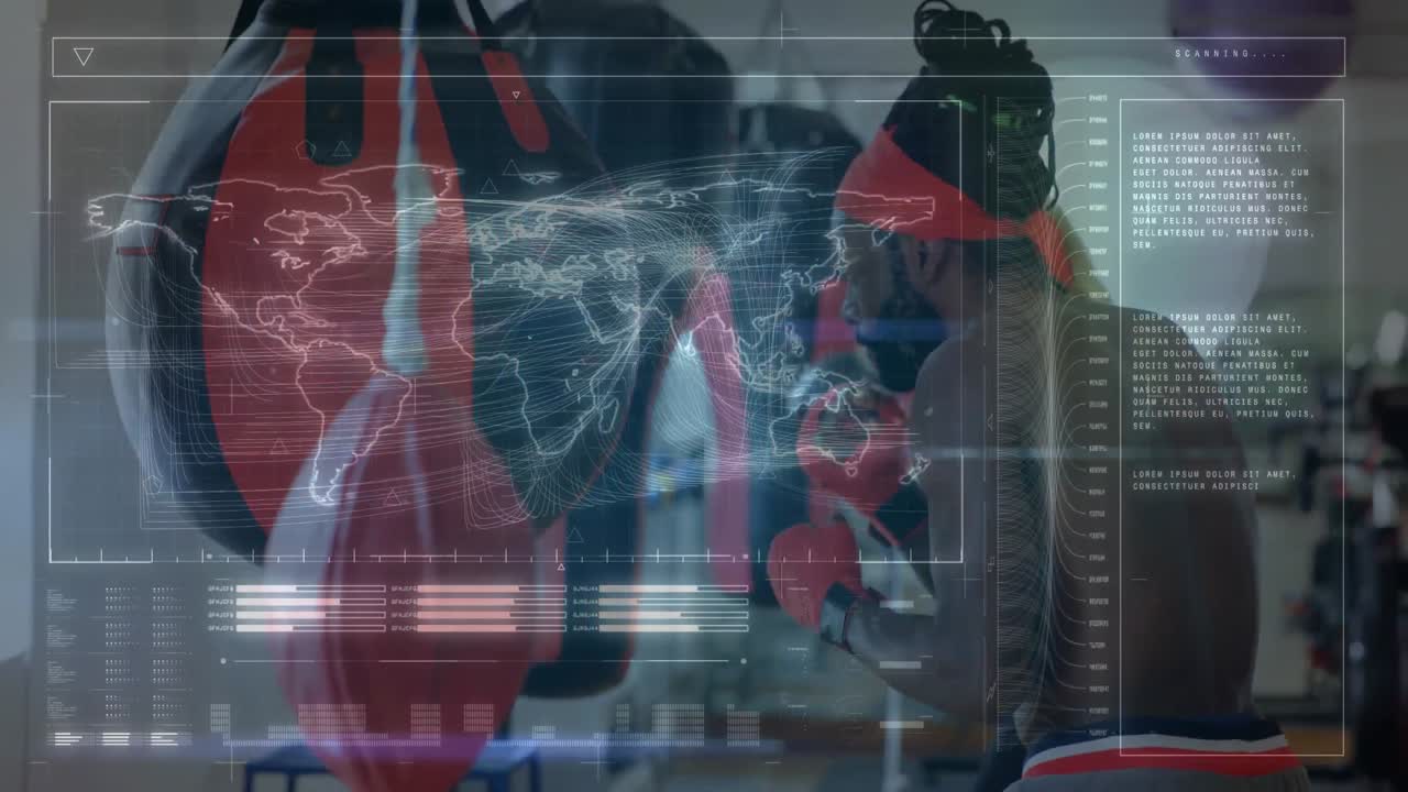 아프리카계 미국인 남성 권투 선수가 권투 가방에서  ⁇ 치를 연습하는 것에 대한 데이터 처리