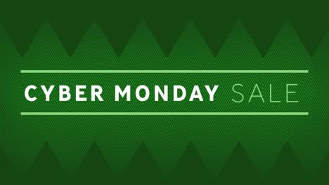 Animation-of-text-cyber-monday-sale,-moving-to-white,-over-green-zigzag-lines,-on-green-background