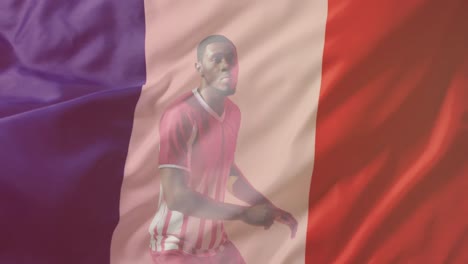 animation of african american male soccer player over flag of france