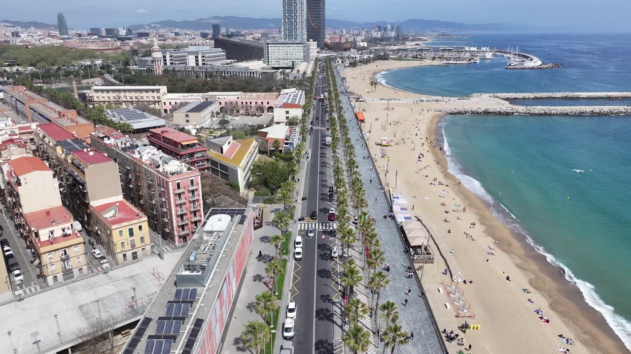 Barceloneta Beach At Barcelona In Catalonia Spain. Beach Landscape. Bay Harbor Scenery. Downtown District. Barceloneta Beach At Barcelona In Catalonia Spain. Amazing Cityscape. Spain Skyline.