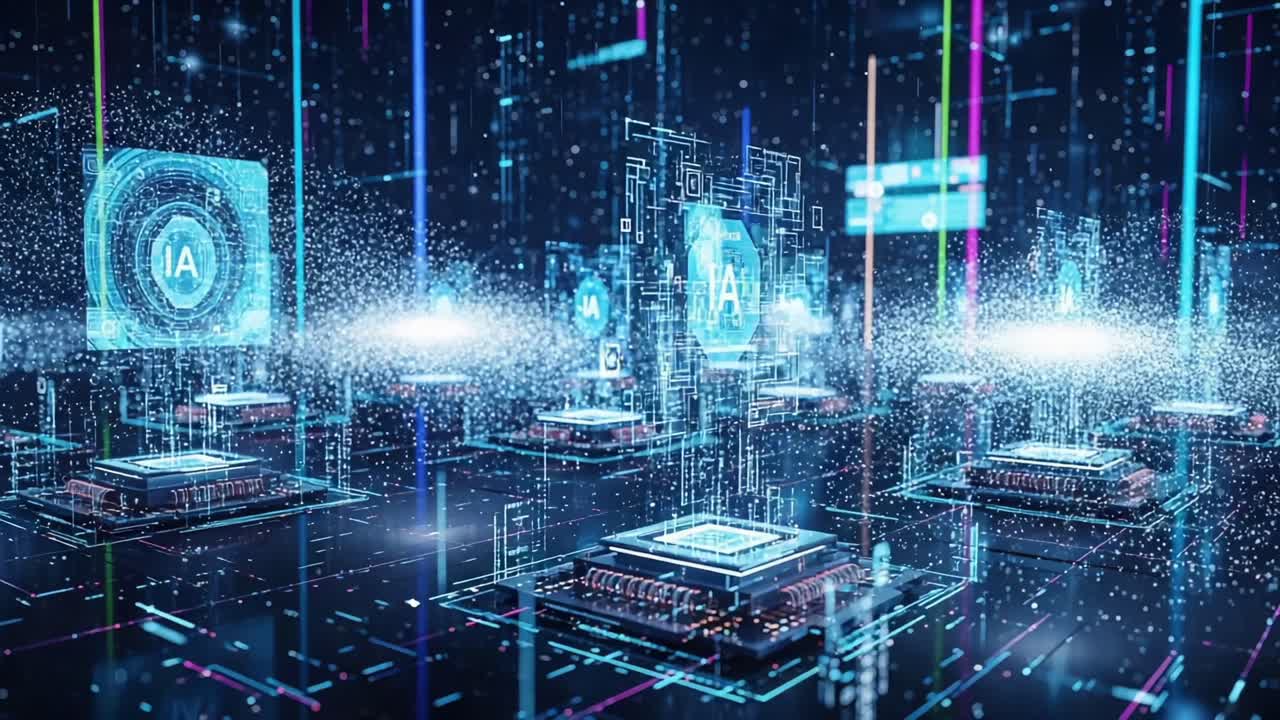 Futuristic digital environment showcasing advanced AI technology with interconnected circuits and glowing processors, creating a mesmerizing visual representation of data flow and computational power