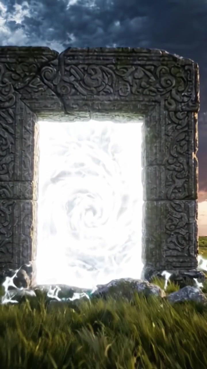 Mystisk portal: En majestætisk døråbning, der hvirvler med energi, omgivet af frodige grønne marker og dramatiske himle.
