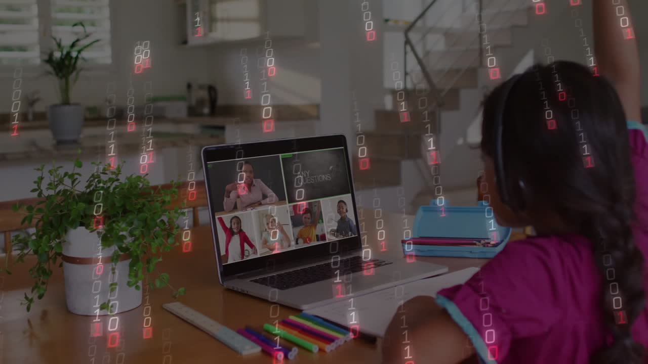 Child participating in online class with binary code animation overlay