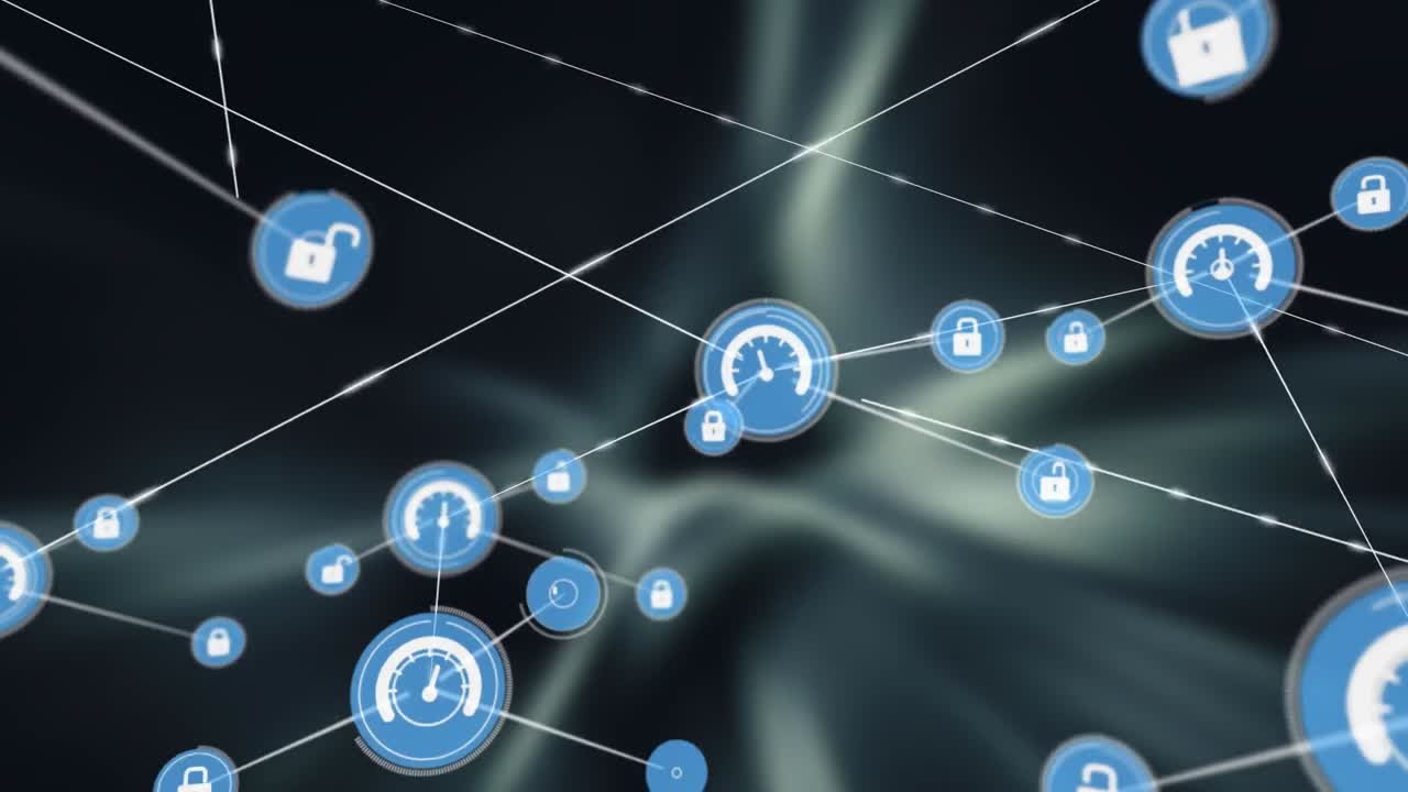 animación de la red de conexiones con iconos sobre formas sobre fondo negro