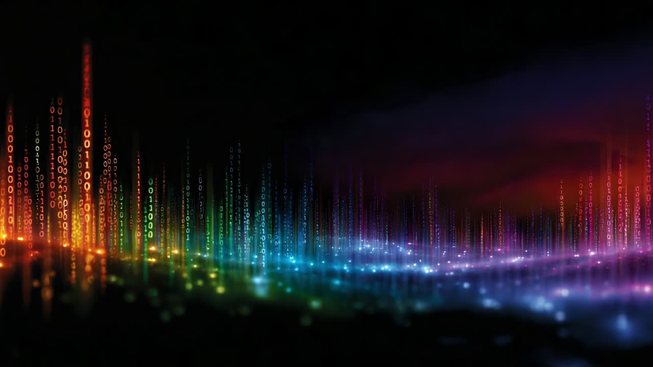 Vibrant Digital Waveforms Illustrated with Colorful Binary Code Representing Data Flow and Sound Frequencies in a Futuristic Aesthetic, Showcasing Technology and Innovation in Visual Artistry