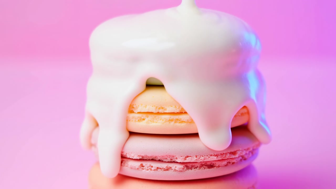Pastel Macaron Stack Drenched In Glaze, Neon Pink Background, Glossy White Cream Pouring Over Layered Shells