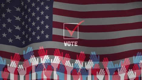 american flag with raised hands and vote text animation over red checkmark