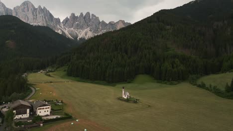 drone shot of funes vally,dolimites,italy