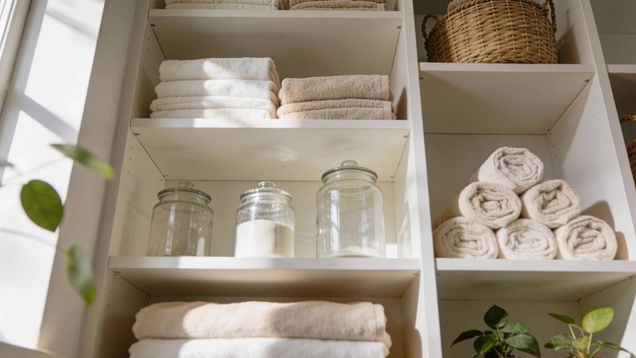 Shifting sunlight sliding across white shelving at linen nook, revealing texture on towels and jars