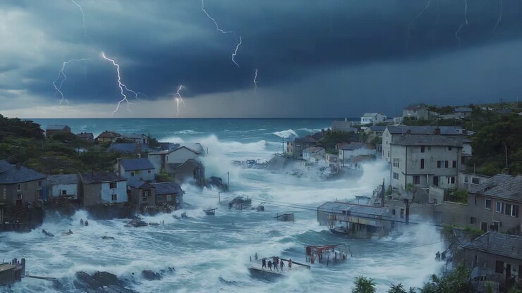 Ville côtière dévastée par de graves inondations et un orage électrique
