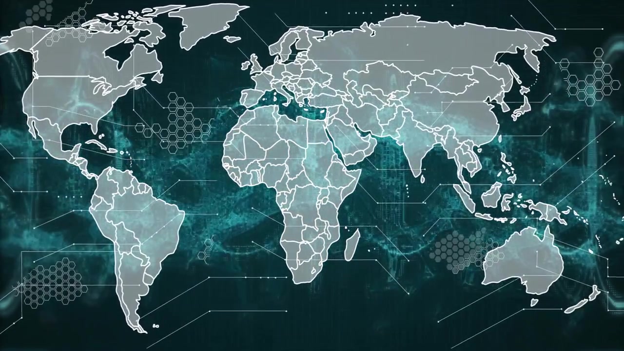Starting black canvas, map tracing white filling grey, teal grid pulsing hex nodes visualizing data