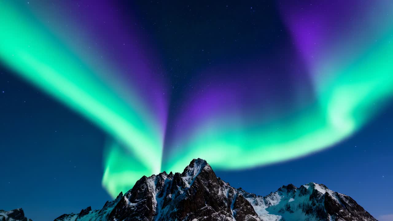 Aurora ondeggiante con fasce verdi e viola sopra una cresta innevata sotto il cielo artico, con stelle.