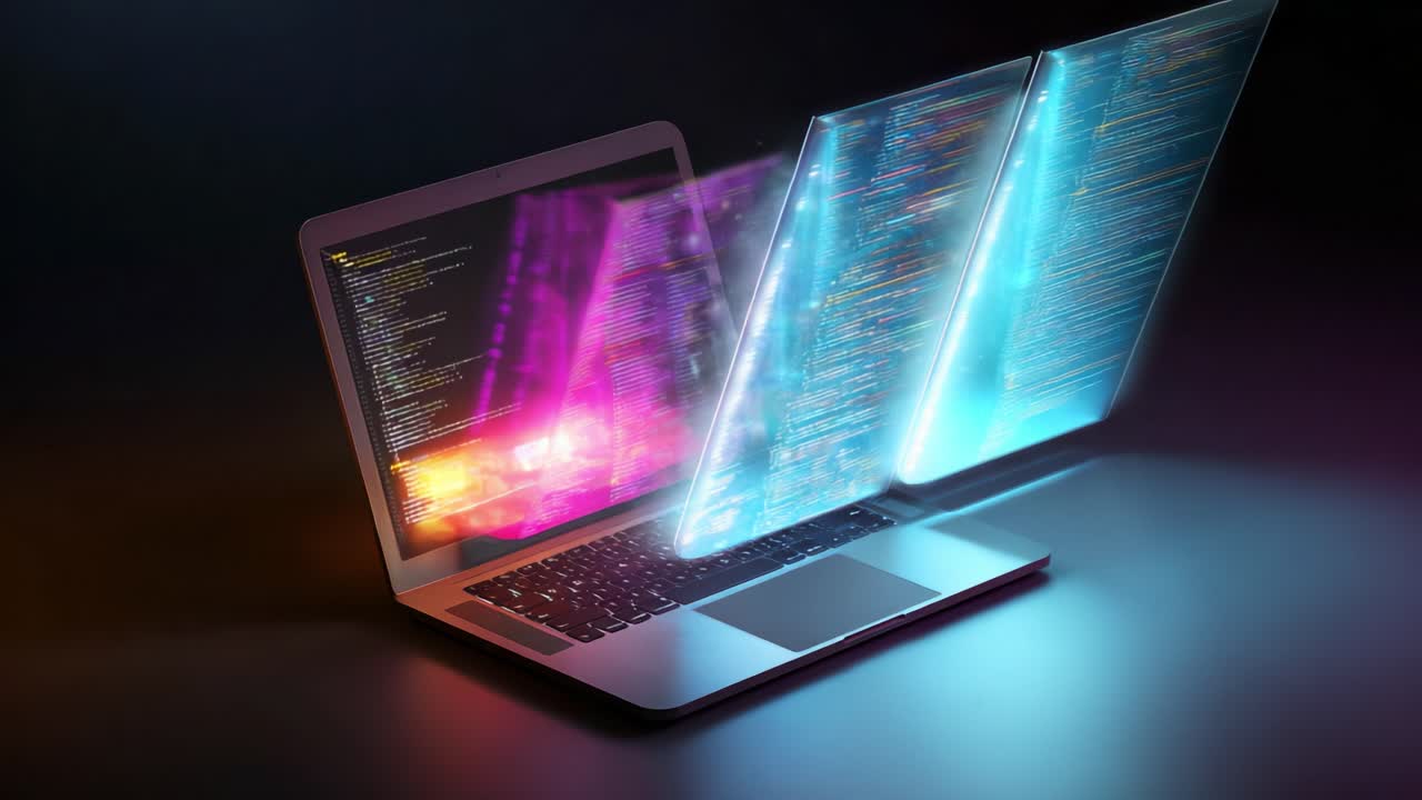 Dynamic Digital Transformation: A Visual Representation of Data Flowing from a Laptop’s Screen, Showcasing Colorful Coding and Innovative Technology in Action