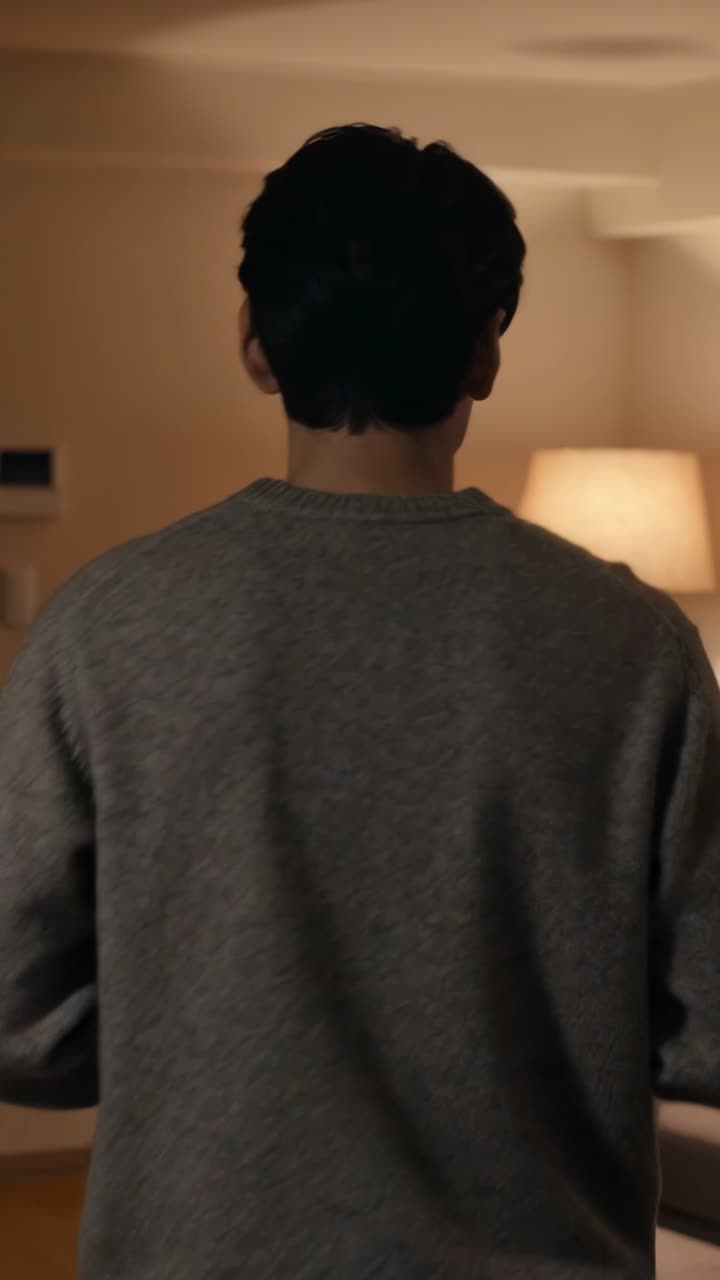 Vertical video: Leaving hall, man in gray sweater entering living room with mug, lit lamp and sofa