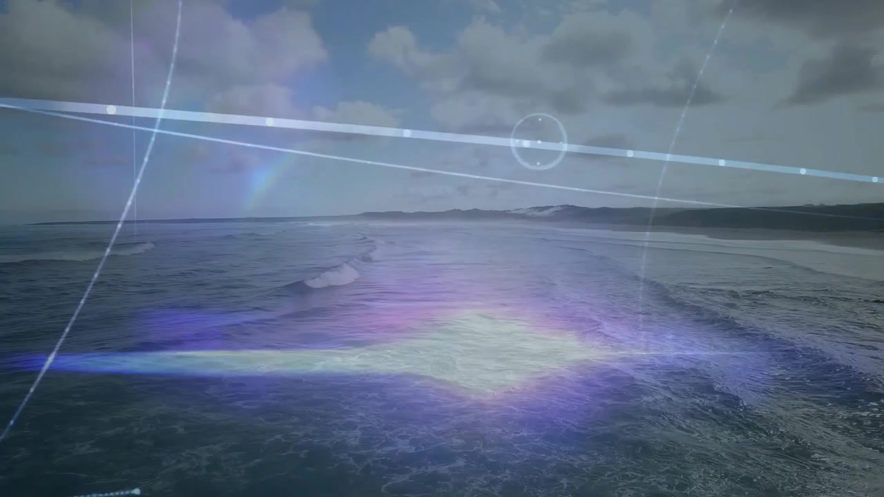 Particelle che appaiono sopra le calme increspature dell'oceano, attivando elementi HUD 3D che formano una rete di dati.
