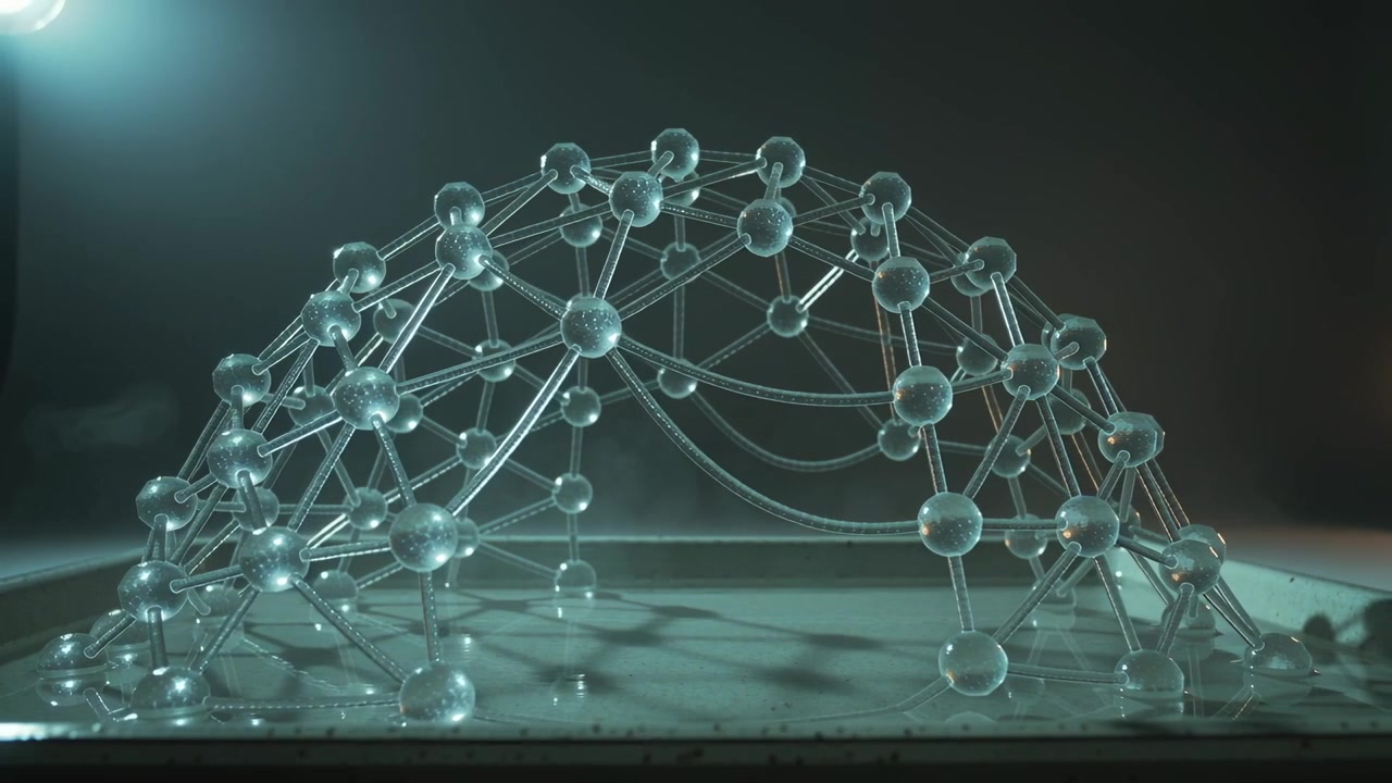Responding to shifting lights, domed lattice casting glints on studio tray, revealing curved tubes