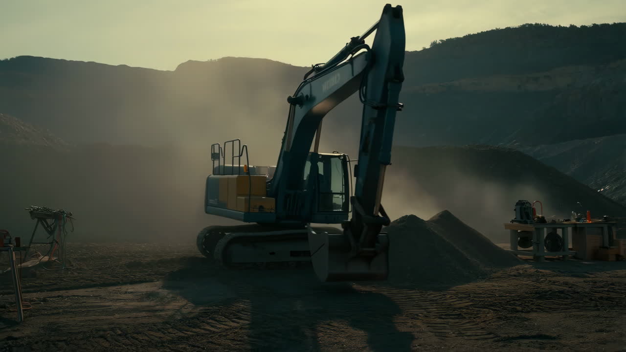 Excavator Operating on a Dusty Industrial Site