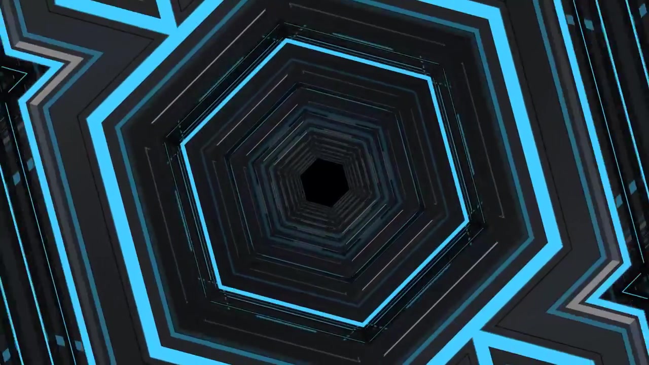 Abstract Tunnel with Glowing Blue Hexagonal Geometric Patterns