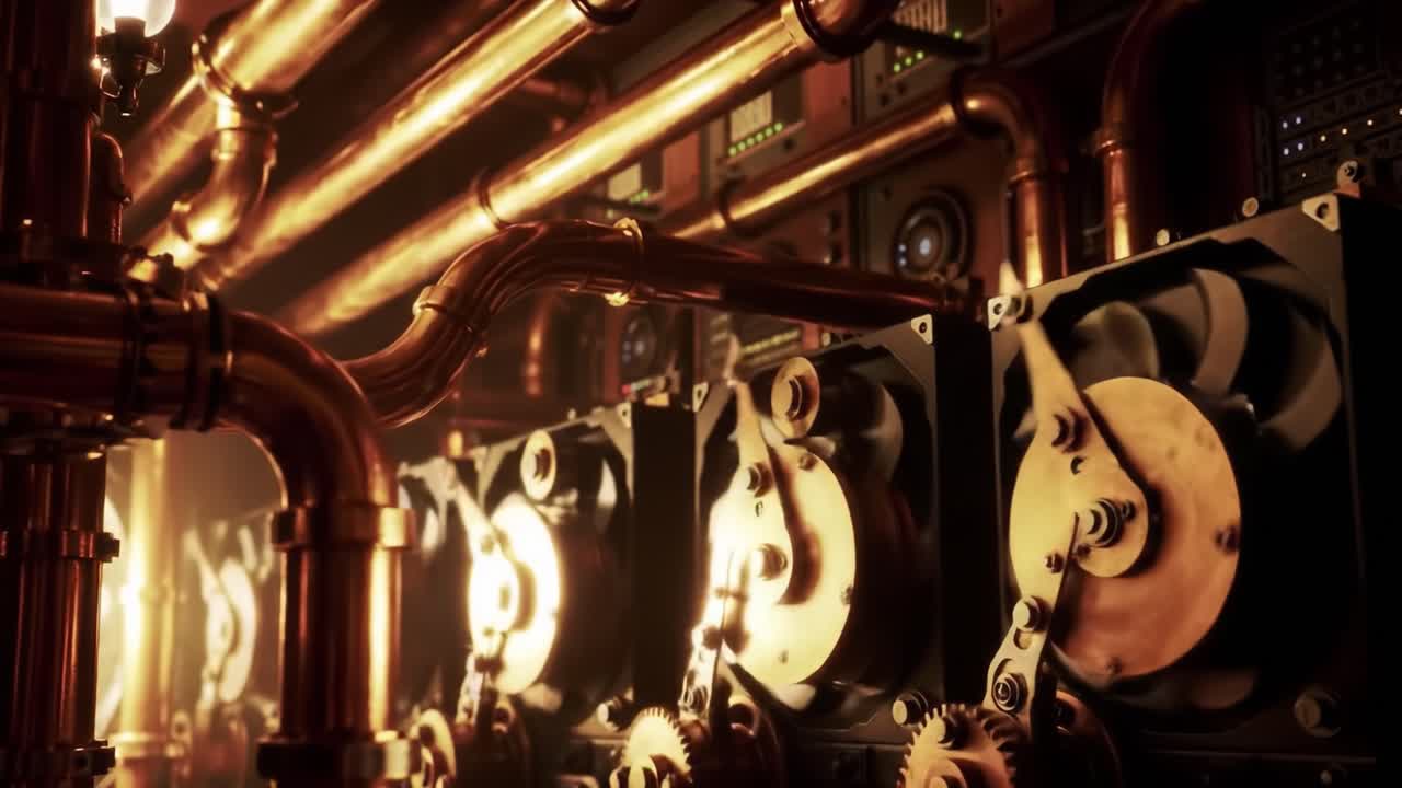 Discover the stunning details of intricate machinery in a vintage steam factory illuminated by warm sunset light. Each gear and pipe showcases craftsmanship and engineering excellence.