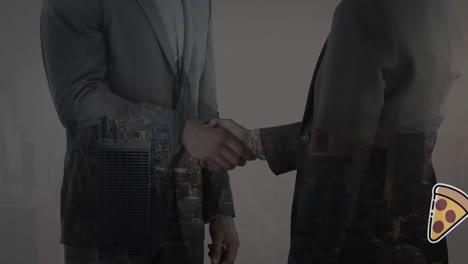 animation of pizza slices over caucasian businessmen shaking hands