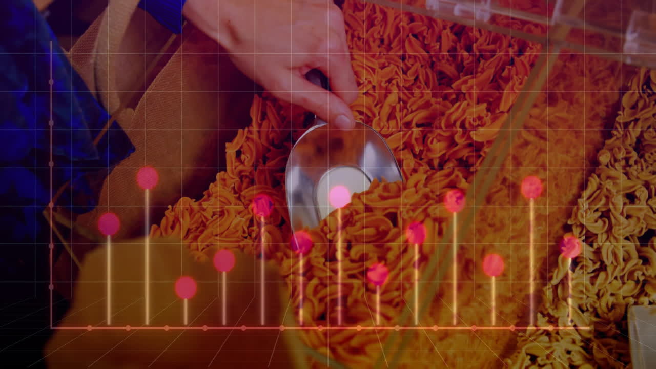 Animation of financial data processing over caucasian woman scooping pasta