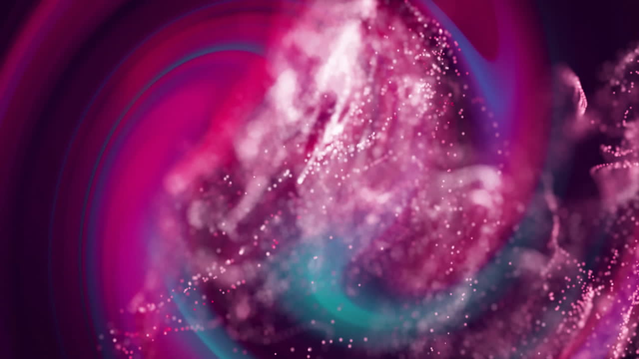 Swirling magenta cloud drifting in abstract digital scene, with glowing particles and light streaks