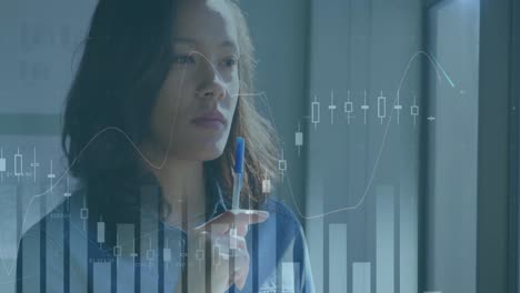 animation of statistical data processing over thoughtful asian woman looking out of window at office