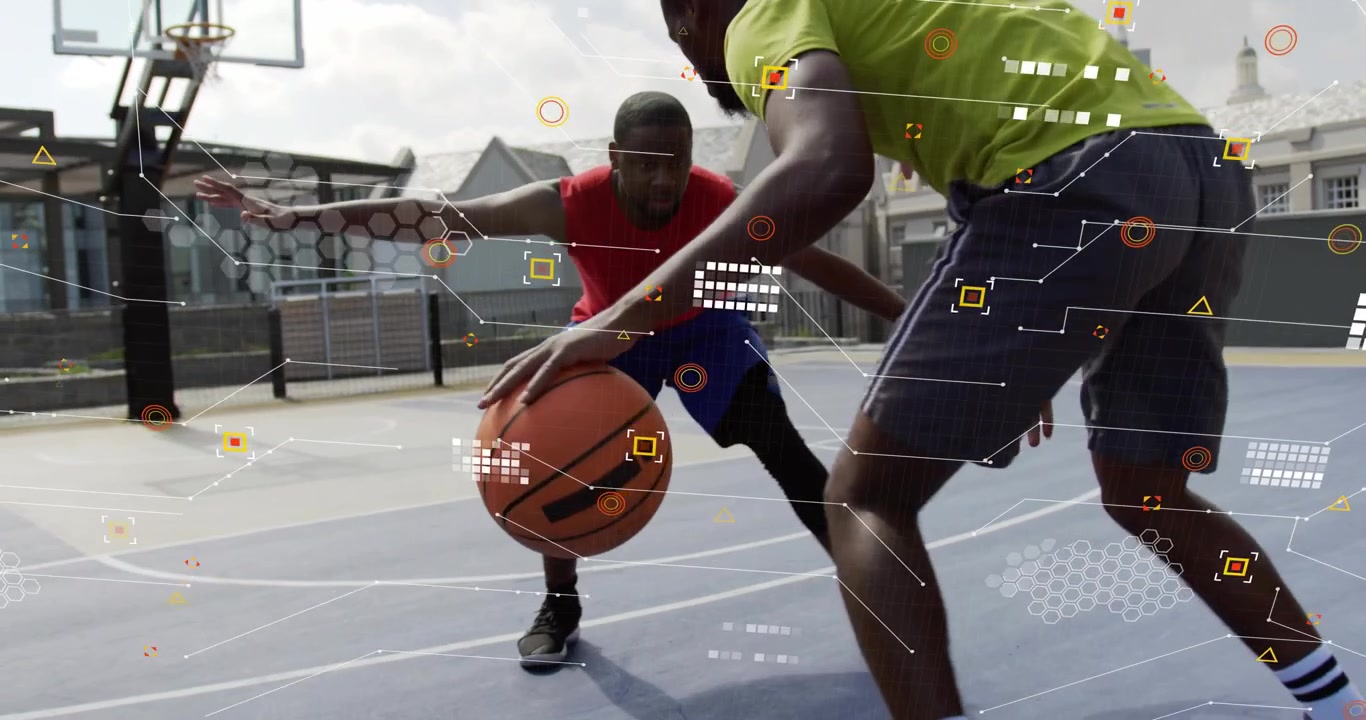 Jogador de basquete com camisa verde driblando no telhado, superando o defensor com um crossover e criando espaço