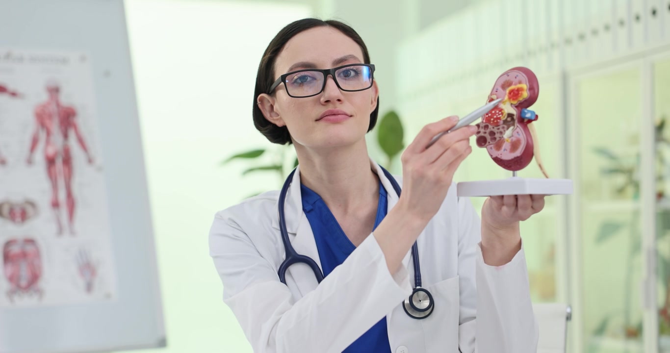 Positive doctor points at human kidney model with pen in clinic