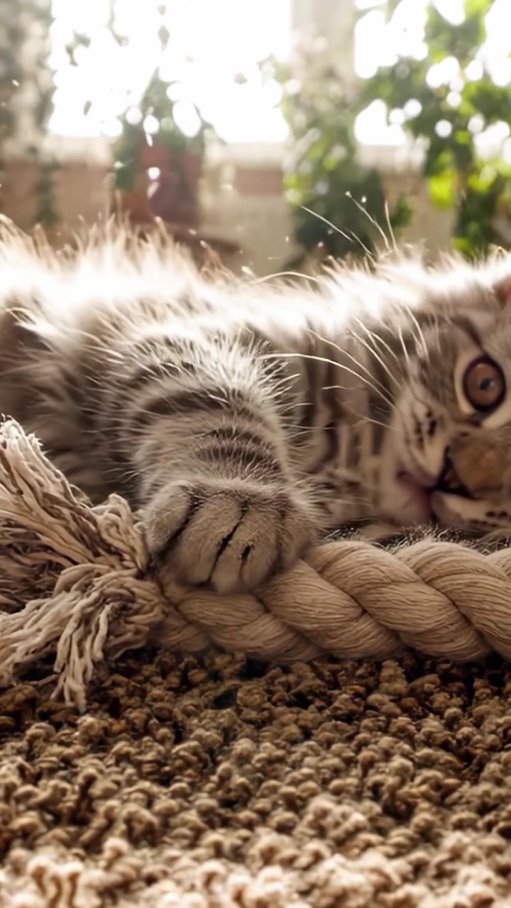 Playful Fluffy Kitten Engaged with a Textured Rope Toy in a Sunlit Room Filled with Plants, Displaying Curiosity and Adorable Kitty Behavior