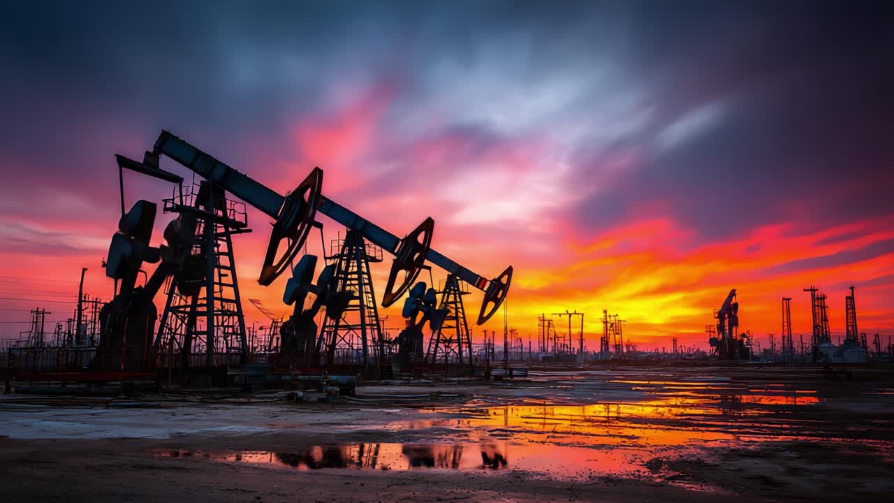 Vibrant Sunset Over Oil Pumpjacks: A Captivating View of Energy Extraction Amidst a Beautiful Horizon