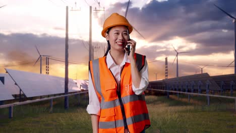 asian female engineer with safety helmet talking on smartphone with solar panel and wind turbines