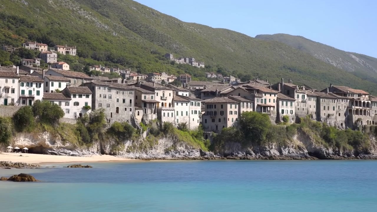 Villaggio costiero con baia turchese a picco, case in pietra impilate lungo scogliere calcaree, cala sabbiosa e calma