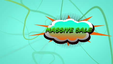 animación de texto de venta masiva sobre burbuja de habla retro sobre fondo verde