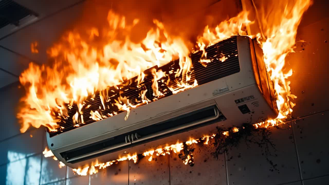 방 안의 에어컨에 불이 타고 있다