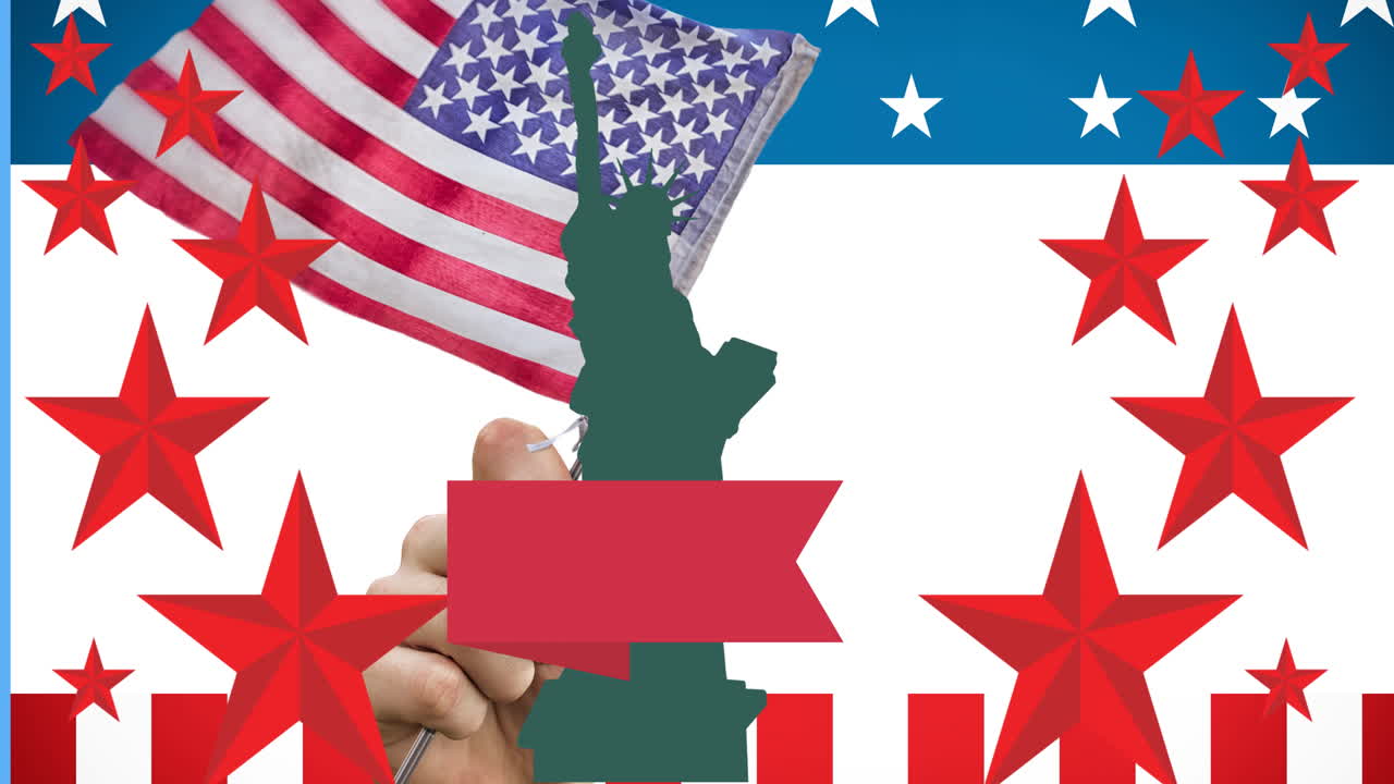 Animation of green statue of liberty with copy space over red stars and american flag