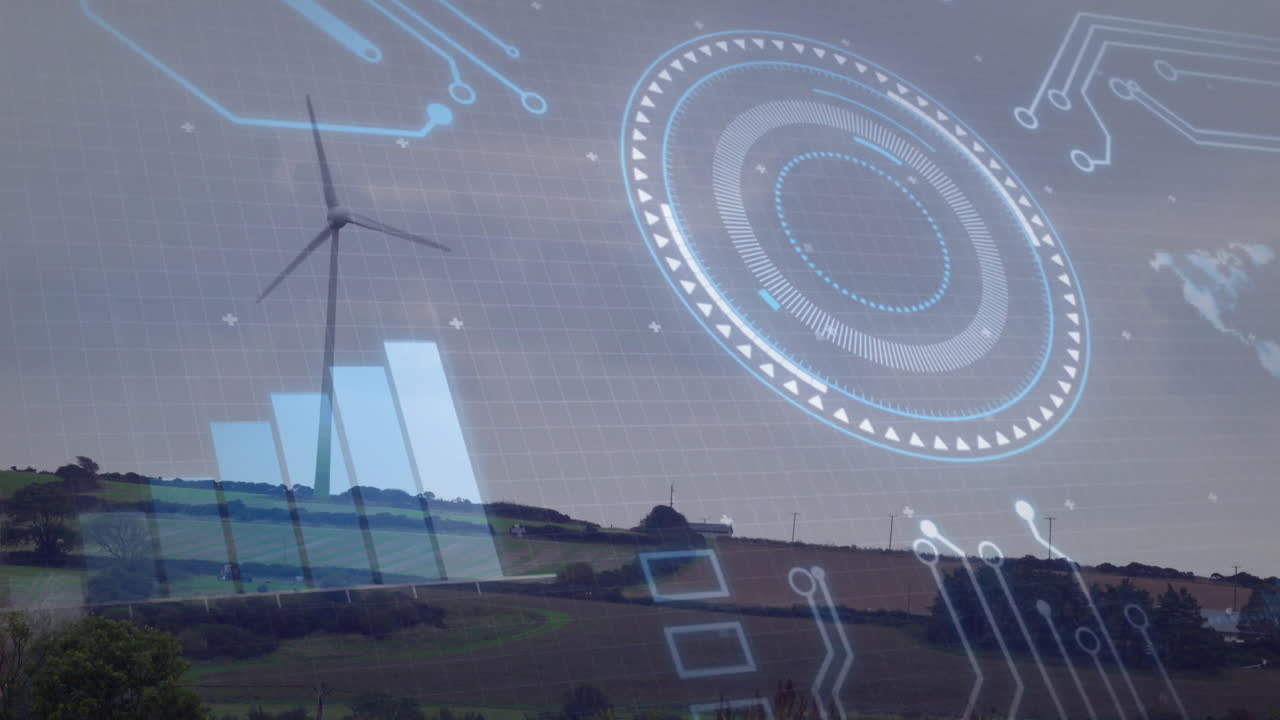 Wind turbine and landscape with futuristic data processing animation