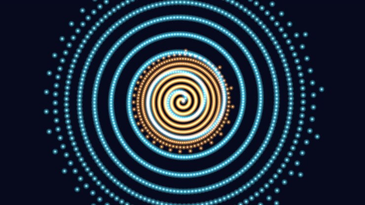Sfera a spirale futuristica con scintillii e linee LED al neon in una galassia nera