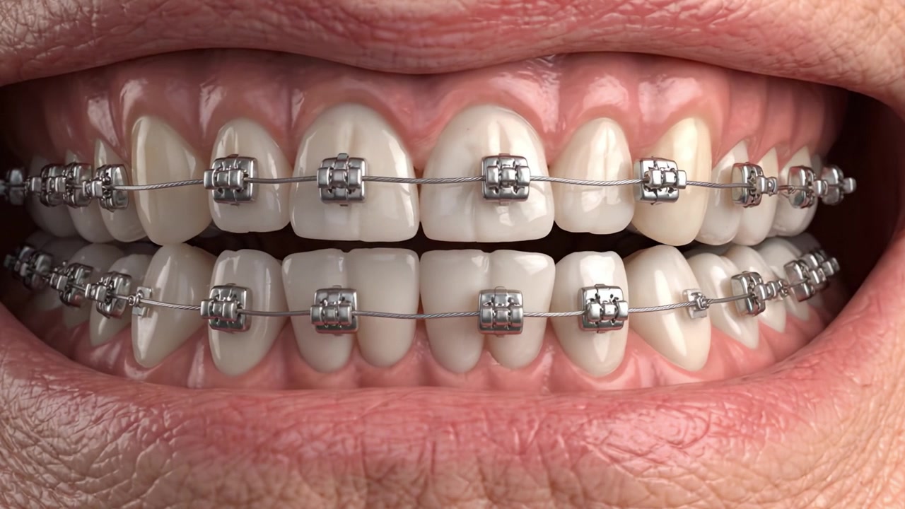 Close-up of Smile Featuring Metal Dental Braces Highlighting the Healthy Alignment of Teeth and Oral Hygiene in Dental Orthodontic Treatment