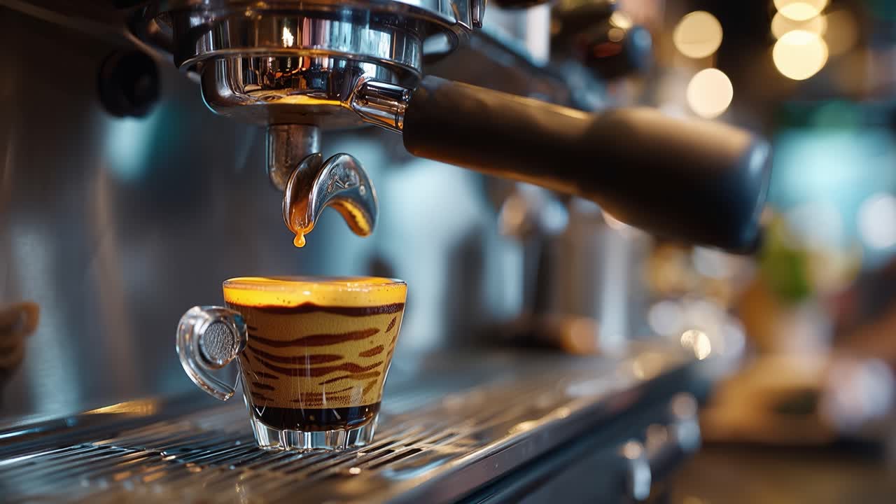 Un ricco espresso si versa in una tazza di vetro trasparente. Il vapore sale delicatamente dal caffè appena preparato. Toni caldi brillano delicatamente sullo sfondo. Momento perfetto catturato durante il rituale quotidiano del caffè.