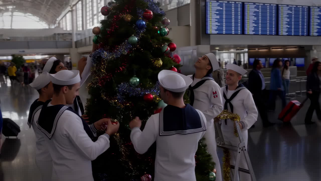 Sailors decorating a Christmas tree at an airport