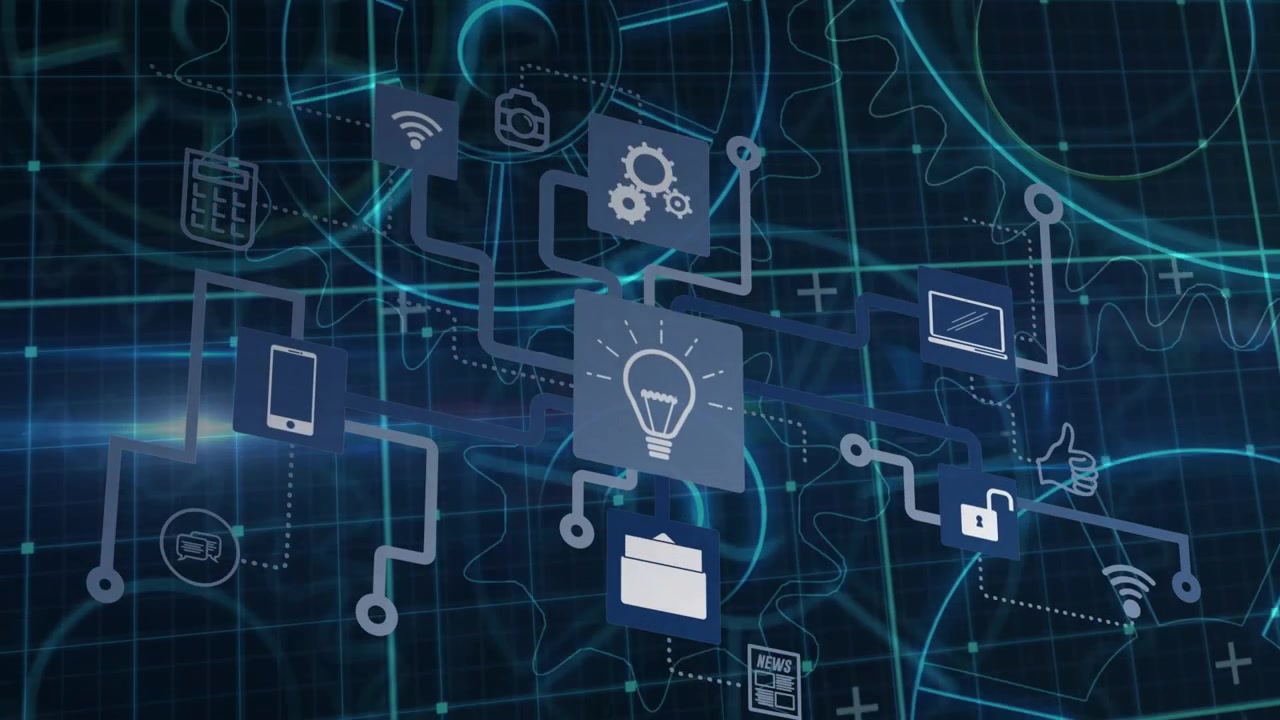Bulb hub rotating and revealing icon causing traces linking phone mail lock forming tech map