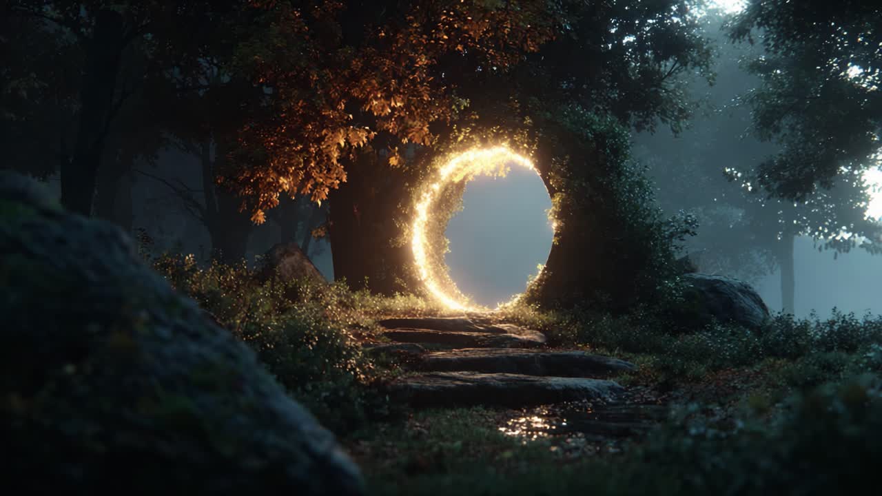 A Glowing Portal Surrounded by Trees in a Misty Forest, Illuminated by Twilight and Autumn Leaves, Inviting Exploration Beyond the Hidden Pathway