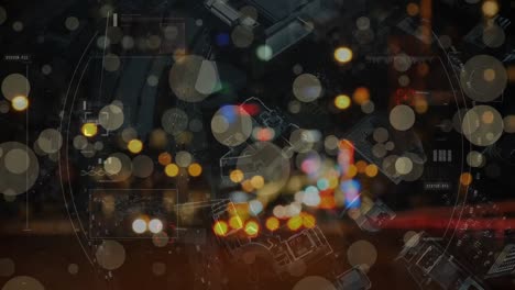 Animation-of-dots-falling-over-blurred-night-city-traffic