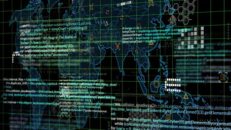 Animación-Del-Mapa-Mundial-Y-Procesamiento-De-Datos-Informáticos-Sobre-Fondo-Oscuro