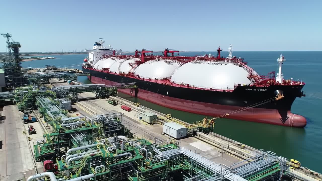 Large Tanker Docked at Industrial Port With LNG Storage Tanks and Equipment in Sunny Weather