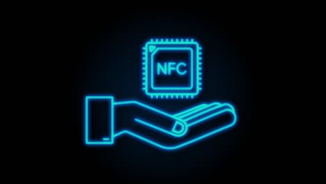 neon nfc processor icon with hands. nfc chip. near field communication. motion graphic