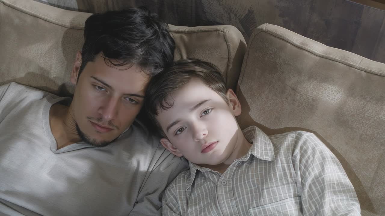Padre e figlio reclinati che si riposano su un divano beige con cuscini, illuminazione soffusa che culla il bambino e lo fa addormentare