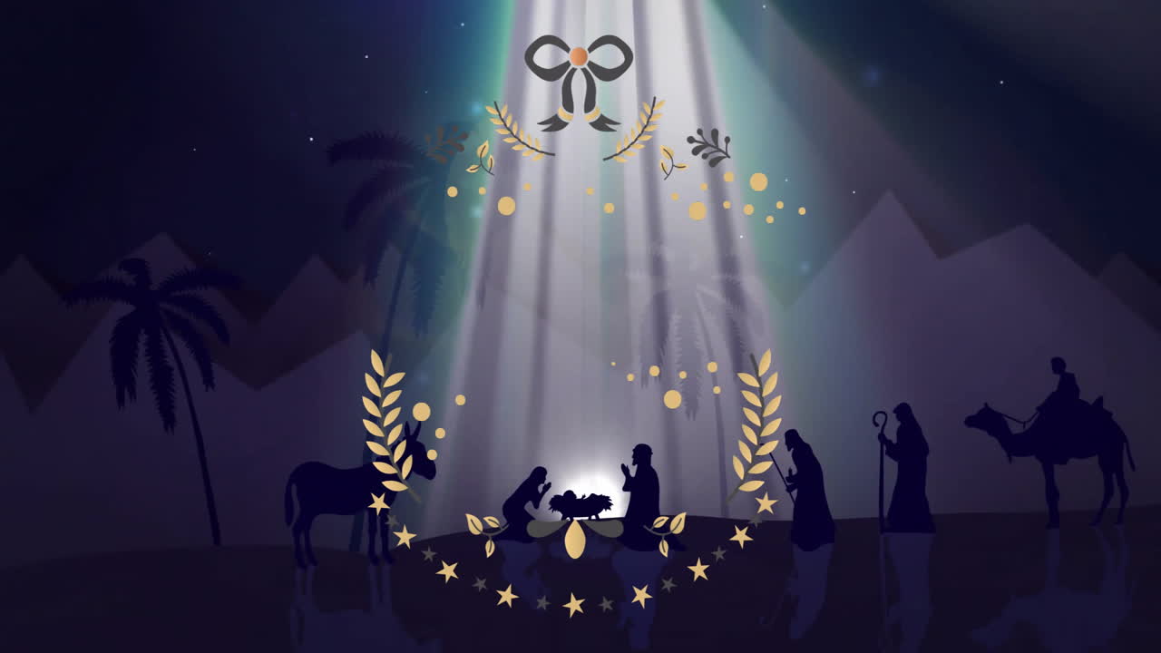 Silhouettes with golden decorations creating nativity scene under radiant light beams