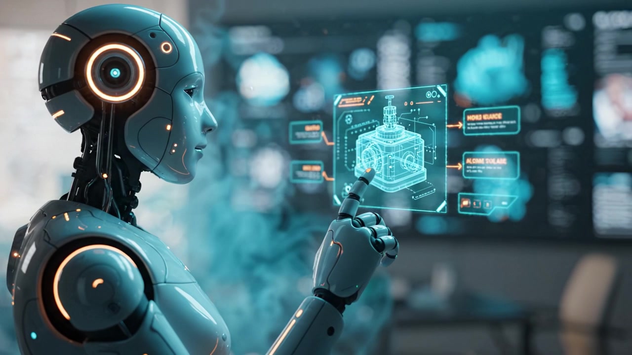 A sophisticated robot analyzing complex holographic data, showcasing advanced technology in a futuristic room filled with digital interfaces and information displays.